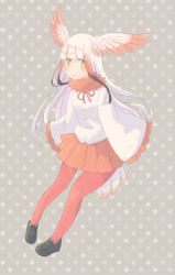 Rule 34 | 10s, 1girl, bird tail, bird wings, black hair, blush, commentary request, frilled sleeves, frills, full body, fur collar, hasu (zatsugami), head wings, highres, japanese crested ibis (kemono friends), kemono friends, long hair, long sleeves, multicolored hair, neck ribbon, pantyhose, pleated skirt, red hair, red pantyhose, ribbon, sidelocks, skirt, solo, tail, white hair, wings, yellow eyes