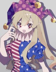 Rule 34 | 1girl, american flag dress, bad id, bad twitter id, blonde hair, clownpiece, dress, fairy, fang, grey background, hat, highres, jester cap, long hair, open mouth, pink hat, pointy ears, polka dot, polka dot headwear, puffy short sleeves, puffy sleeves, red eyes, short sleeves, simple background, smile, solo, star (symbol), star print, striped clothes, striped dress, touhou, upper body, xx asui