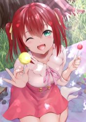 Rule 34 | 1girl, ;), aqua eyes, artist name, artist request, bare legs, blush, breasts, candy, close-up, collarbone, dress, female focus, food, full body, green eyes, hair between eyes, hair ribbon, hayaoki (asagi-iro seishun-bu), highres, holding, holding candy, holding food, holding lollipop, kurosawa ruby, lollipop, long sleeves, looking at viewer, love live!, love live! school idol festival, love live! school idol festival all stars, love live! sunshine!!, miniskirt, nail, nail polish, one eye closed, outdoors, parted lips, picnic, pink nails, pink ribbon, pink skirt, plaid, plaid dress, plaid skirt, pleated, pleated dress, pleated skirt, red hair, ribbon, short hair, sitting, skirt, small breasts, smile, socks, solo, sunlight, twintails, two side up, white dress, wink, yellow ribbon