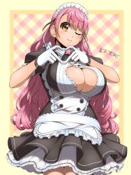 Rule 34 | 1girl, aizono manami, apron, black ribbon, breasts, checkered background, cleavage cutout, closed mouth, clothing cutout, curly hair, gloves, hair ribbon, heart, heart cutout, heart hands, highres, huge breasts, light smile, long hair, looking at viewer, maid, maid apron, maid headdress, maki yoshitake, multicolored background, nijisanji, one eye closed, orange eyes, pink hair, puffy short sleeves, puffy sleeves, ribbon, short eyebrows, short sleeves, solo, thick eyebrows, virtual youtuber, white gloves