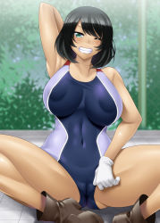 Rule 34 | 10s, 1girl, aqua eyes, arm behind head, ass, ayato, black hair, blush, boots, breasts, cameltoe, cleft of venus, competition swimsuit, covered erect nipples, covered navel, dark-skinned female, dark skin, girls und panzer, gloves, grin, highres, hoshino (girls und panzer), large breasts, looking at viewer, one-piece swimsuit, one eye closed, sitting, smile, solo, swimsuit, teeth, white gloves