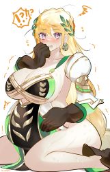 Rule 34 | 1girl, absurdres, big belly, blonde hair, blush, braid, breasts, commission, demeter (fate), earrings, embarrassed, fate/grand order, fate (series), female focus, hair ornament, hand on own face, highres, huge breasts, jewelry, kneeling, leaf, long hair, looking at viewer, messy hair, nitric acid, no panties, open mouth, pixiv commission, pregnant, purple eyes, simple background, solo, spread legs, tears, thighs, trembling, white background