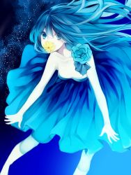Rule 34 | 1girl, bad id, bad pixiv id, bare shoulders, blue dress, blue flower, blue hair, blue rose, blue theme, collarbone, dress, flower, flower in mouth, haku (aoray), highres, long hair, looking at viewer, original, rose, sleeveless, sleeveless dress, solo, strapless, strapless dress
