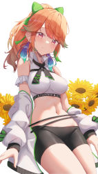 Rule 34 | 1girl, absurdres, arm garter, bare shoulders, bike shorts, black neckerchief, black shorts, blush, bow, breasts, closed mouth, commentary, crop top, earrings, english commentary, english text, feather earrings, feathers, flower, gradient eyes, green bow, green hair, green ribbon, hair bow, highres, hololive, hololive english, jacket, jewelry, light blush, long hair, long sleeves, looking at viewer, medium breasts, multicolored eyes, multicolored hair, navel, neckerchief, off shoulder, orange hair, ponytail, purple eyes, ribbon, shironekokfp, shirt, short shorts, shorts, simple background, skin tight, sleeveless, sleeveless shirt, solo, star (symbol), star print, stomach, streaked hair, sunflower, swept bangs, takanashi kiara, text print, thighs, virtual youtuber, white background, white jacket, white shirt