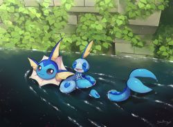 Rule 34 | closed eyes, closed mouth, commentary request, creatures (company), game freak, gen 1 pokemon, gen 8 pokemon, highres, leaf, looking at viewer, looking back, nintendo, no humans, nullma, open mouth, pokemon, pokemon (creature), sobble, swimming, tongue, vaporeon, water, wet