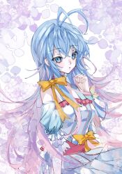 Rule 34 | 1girl, antenna hair, blue hair, breasts, clenched hand, detached sleeves, douluo dalu, floral background, from side, gradient eyes, gradient hair, hair ornament, hand up, highres, long hair, medium breasts, multicolored eyes, multicolored hair, parted lips, puffy detached sleeves, puffy sleeves, ribbon, solo, tang wutong (douluo dalu), upper body, wristband, yao laoban, yellow ribbon