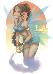 Rule 34 | 1girl, blue eyes, braid, breasts, closed mouth, collarbone, commentary request, dark skin, dark-skinned female, dated, faerie neopet, fairy wings, holding, iimia, leaning forward, legs together, long hair, looking at viewer, midriff, navel, neopets, oil lamp, personification, pointy ears, signature, simple background, small breasts, smile, smoke, solo, tattoo, very long hair, white background, wings, xweetok