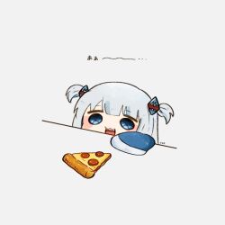 Rule 34 | 1girl, :d, blue eyes, blue hair, blunt bangs, chibi, child, commentary, food, gawr gura, hair ornament, highres, hololive, hololive english, light blue hair, long hair, long sleeves, open mouth, pepperoni, pizza, pizza slice, shark girl, sharp teeth, short twintails, simple background, sleeves past wrists, smile, solo, teeth, tenmiyakiyo, twintails, upper body, upper teeth only, virtual youtuber, white background