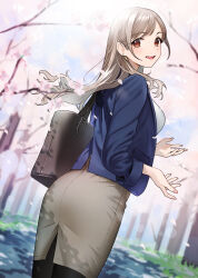 Rule 34 | 1girl, akaori umeka, bag, black pantyhose, blue jacket, blurry, blurry background, blush, breasts, brown hair, brown skirt, cherry blossoms, commentary request, dappled sunlight, day, doushimasho, earrings, falling petals, feet out of frame, fingernails, floating hair, from behind, highres, jacket, jewelry, large breasts, lens flare, long fingernails, long hair, long sleeves, looking at viewer, looking back, mole, mole under eye, nail polish, office lady, open mouth, original, outdoors, pantyhose, pencil skirt, petals, pink nails, shoulder bag, skirt, smile, solo, standing, suit jacket, sunlight, swept bangs, teeth, tree, upper teeth only