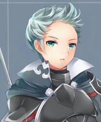 Rule 34 | 1boy, armor, ayame (norie11), collared cape, fire emblem, fire emblem fates, green eyes, grey hair, lance, looking at viewer, male focus, nintendo, polearm, quiff, silas (fire emblem), weapon
