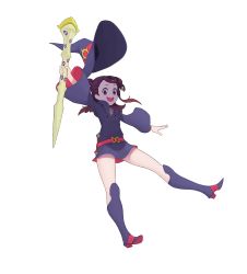 Rule 34 | 1girl, absurdres, arm up, belt, brown hair, dgk, hat, high heels, highres, holding, holding wand, hood, hood down, kagari atsuko, little witch academia, long hair, long sleeves, open mouth, purple eyes, purple footwear, purple hat, simple background, smile, solo, teeth, tongue, upper teeth only, wand, white background, wide sleeves, witch, witch hat