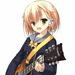 Rule 34 | 1girl, :3, asagi nanami, black jacket, blonde hair, blush, bow, bowtie, braid, commentary request, company name, green eyes, grey sailor collar, guitar, hair between eyes, holding, holding instrument, instrument, jacket, kariya wakana, long sleeves, looking at viewer, medium hair, open mouth, sailor collar, sanoba witch, school uniform, simple background, single braid, smile, thighhighs, upper body, white background, yellow bow, yellow bowtie