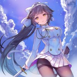 Rule 34 | &gt;:(, 1girl, azur lane, blue sky, blunt bangs, breasts, closed mouth, cloud, cloudy sky, contrapposto, day, frown, gloves, grey pantyhose, half gloves, holding, holding sheath, holding sword, holding weapon, jacket, large breasts, long hair, long sleeves, looking at viewer, military jacket, miniskirt, outdoors, panties, pantyhose, pantyshot, pleated skirt, ponytail, sheath, shirt, sibyl, skirt, sky, solo, standing, sword, takao (azur lane), thighband pantyhose, underwear, v-shaped eyebrows, very long hair, weapon, white gloves, white jacket, white shirt, yellow eyes
