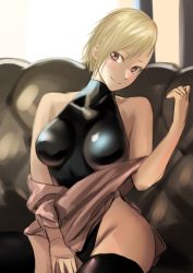 Rule 34 | 1girl, bare shoulders, black leotard, black thighhighs, blonde hair, breasts, brown eyes, buzz cut, closed mouth, couch, highres, kilye kairi, latex, latex leotard, leotard, looking at viewer, medium breasts, off shoulder, on couch, original, short hair, sitting, smile, solo, thighhighs, very short hair