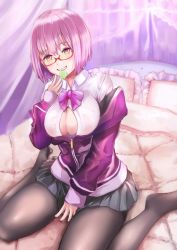 Rule 34 | 10s, 1girl, bed sheet, bedroom, bow, breasts, button gap, cleavage, collared shirt, commentary request, condom, condom in mouth, condom wrapper, dress shirt, glasses, gridman universe, grin, highres, indoors, jacket, large breasts, light purple hair, long sleeves, looking at viewer, mouth hold, off shoulder, open clothes, pantyhose, pillow, pleated skirt, purple bow, purple eyes, purple jacket, purple neckwear, red-framed eyewear, semi-rimless eyewear, sepia19970310, shinjou akane, shirt, short hair, sitting, skirt, sleeves past wrists, smile, solo, ssss.gridman, tinted eyewear, under-rim eyewear, wariza, white shirt, yellow-tinted eyewear, zipper pull tab