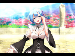 Rule 34 | 10s, 1girl, :d, akabane rin, blue eyes, blue hair, blush, breasts, cityscape, cleavage, crying, crying with eyes open, day, detached sleeves, dress, frills, hair ornament, hair ribbon, hairband, large breasts, letterboxed, light rays, looking at viewer, maid, maid headdress, matching hair/eyes, open hand, open mouth, outdoors, pink ribbon, re:zero kara hajimeru isekai seikatsu, rem (re:zero), ribbon, scenery, short hair, smile, solo, tears, x hair ornament