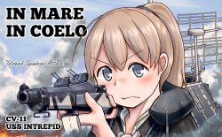 Rule 34 | 1girl, aiming, bad anatomy, black shirt, blue eyes, bolt action, brown hair, character name, cloud, day, flight deck, intrepid (kancolle), italian text, kantai collection, m1903 springfield, neck pillow, owada (kousonhuchi), ponytail, rifle, shirt, short hair, smoke, solo, translation request, upper body, white neckwear