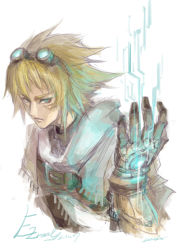 Rule 34 | 1boy, artist name, blonde hair, blue eyes, character name, dated, ezreal, gloves, goggles, highres, league of legends, loiza, looking at viewer, male focus, short hair, simple background, solo, white background