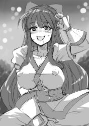 Rule 34 | 1girl, absurdres, ainu clothes, breasts, covered erect nipples, fingerless gloves, gloves, hair ribbon, highres, implied masturbation, large breasts, legs, long hair, monochrome, nakoruru, open mouth, pants, ribbon, samurai spirits, smile, snk, solo, squatting, the king of fighters, thighs