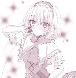 Rule 34 | 1girl, alice margatroid, bad id, bad pixiv id, blush, book, capelet, closed mouth, dress, hair between eyes, hairband, hand up, looking at viewer, monochrome, nanase nao, puffy short sleeves, puffy sleeves, short sleeves, solo, touhou, upper body, white background