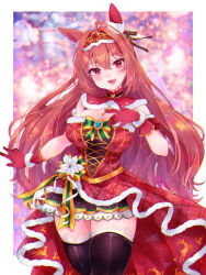 Rule 34 | 1girl, :d, animal ears, black thighhighs, blurry, blurry background, bow, breasts, brooch, brown hair, christmas, cleavage, commentary request, daiwa scarlet (scarlet nuit etoile) (umamusume), daiwa scarlet (umamusume), depth of field, dress, fang, fur-trimmed dress, fur-trimmed gloves, fur trim, gloves, hair between eyes, hair intakes, hand up, head tilt, highres, horse ears, jewelry, large breasts, long hair, looking at viewer, open mouth, red dress, red eyes, red gloves, shichijou natori, smile, solo, striped, striped bow, thighhighs, tiara, umamusume, very long hair
