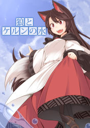 Rule 34 | 1girl, :d, animal ears, blouse, breasts, brown hair, capelet, dress, fangs, frilled sleeves, frills, imaizumi kagerou, long hair, long skirt, long sleeves, medium breasts, open mouth, pantyhose, parody, red eyes, red skirt, shirt, skirt, skirt hold, smile, solo, spice and wolf, tail, tamahana, touhou, water, white shirt, wide sleeves, wolf ears, wolf tail