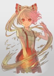 Rule 34 | 1girl, albino, alternate hairstyle, colorized, cutting hair, fujiwara no mokou, gradient background, grey background, hair ornament, hair ribbon, jpeg artifacts, long hair, looking at viewer, pants, pisoshi, ponytail, red eyes, ribbon, shirt, short sleeves, simple background, sketch, smile, solo, torn clothes, torn sleeves, touhou, white hair