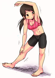 Rule 34 | 1girl, abs, arm above head, armpits, artist request, bare shoulders, barefoot, bike shorts, breasts, brown eyes, collarbone, exercising, eyelashes, feet, female focus, focused, full body, hand on own knee, idolmaster, idolmaster cinderella girls, leaning to the side, legs, long hair, long twintails, looking to the side, low twintails, midriff, motion lines, nakano yuka, namco, navel, neck, parted bangs, parted lips, shorts, sidelocks, simple background, skin tight, small breasts, source request, sports bra, sportswear, standing, sweat, sweatdrop, thighs, toes, twintails, very long hair, white background