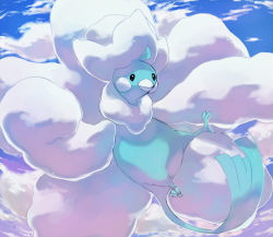 Rule 34 | altaria, bird, black eyes, blue sky, cloud, cloudy sky, commentary, creature, creatures (company), day, english commentary, flying, full body, game freak, gen 3 pokemon, looking at viewer, mega altaria, mega pokemon, nintendo, no humans, outdoors, pinkgermy, pokemon, pokemon (creature), sky, solo