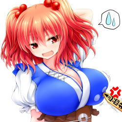 Rule 34 | 1girl, anger vein, arm behind head, blush, breast poke, breasts, cleavage, coin, hair bobbles, hair ornament, highres, huge breasts, obi, onozuka komachi, open mouth, poking, puffy sleeves, red eyes, red hair, rod of remorse, sash, short sleeves, simple background, smile, solo focus, spoken sweatdrop, sweatdrop, touhou, twintails, two side up, upper body, watarui, white background