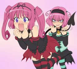 Rule 34 | 00s, 2girls, angry, blush, colorized, demon tail, fang, hairband, long hair, momo velia deviluke, multiple girls, nana asta deviluke, official art, purple eyes, purple hair, short hair, siblings, sisters, striped clothes, striped legwear, striped thighhighs, tail, tail fondling, tail grab, thighhighs, to love-ru, twins, twintails