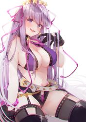 Rule 34 | 1girl, absurdres, backlighting, bare shoulders, bb (fate), bb (fate) (all), bb (swimsuit mooncancer) (fate), bb (swimsuit mooncancer) (second ascension) (fate), bead bracelet, beads, belt, bikini, black garter belt, black gloves, black shorts, black thighhighs, blush, bracelet, breasts, cleavage, collarbone, earrings, fate/grand order, fate (series), garter belt, gloves, hair ornament, hair ribbon, hairband, highres, huge filesize, jewelry, large breasts, light rays, long hair, looking at viewer, loose belt, micro shorts, navel, neck ribbon, open mouth, purple bikini, purple eyes, purple hair, purple ribbon, ribbon, shorts, simple background, sitting, smile, star (symbol), star earrings, star hair ornament, studded garter belt, suna co, swimsuit, thighhighs, thighs, very long hair, white background, white belt