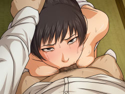 Rule 34 | 1boy, 1girl, :&gt;=, amagami, bare shoulders, black hair, blush, bottomless, breast press, breasts, censored, erection, fellatio, hand on another&#039;s head, hetero, indoors, kneeling, legs, looking at viewer, medium breasts, mosaic censoring, negurie, no bra, open clothes, oral, penis, pov, rape, solo focus, standing, sweat, tatami, tears, thighs, tsukahara hibiki