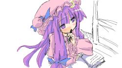 Rule 34 | 1girl, bad id, bad pixiv id, book, female focus, hat, patchouli knowledge, pen, purple hair, sidorov, sitting, solo, touhou, white background, writing