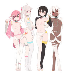 Rule 34 | 4girls, absurdres, ass, ass tattoo, asymmetrical clothes, asymmetrical legwear, black hair, breasts, choker, dark-skinned female, dark skin, food, frilled legwear, full body, functionally nude, green eyes, grin, heart, heart-shaped pupils, highres, jitome, looking at viewer, multiple girls, nail polish, nipple piercing, nipples, nude, one eye covered, orange eyes, original, piercing, pink hair, ponytail, pussy, red eyes, short hair, simple background, skindentation, small breasts, smile, standing, star-kiss, stirrup legwear, symbol-shaped pupils, tattoo, thigh strap, thighhighs, toeless legwear, toenail polish, toenails, tongue, tongue out, uncensored, uneven legwear, white background, white hair, yuri