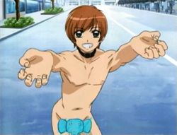 Rule 34 | 00s, 1boy, animated, animated gif, armpits, brown hair, censored, collar, dancing, day, elephant, exhibitionism, green eyes, inukami!, kawahira keita, looping animation, lowres, male focus, navel, nipples, novelty censor, nude, open mouth, outdoors, public indecency, screencap, short hair, solo, what, zenra