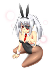 Rule 34 | 10s, animal ears, blush, breasts, cleavage, hair ornament, infinite stratos, kneeling, laura bodewig, leotard, long hair, looking at viewer, pantyhose, playboy bunny, red eyes, sitting, tail, twintails, white hair