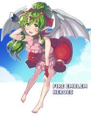 Rule 34 | 1girl, barefoot, boris (noborhys), feet, fire emblem, fire emblem: mystery of the emblem, fire emblem heroes, full body, green eyes, green hair, highres, long hair, looking at viewer, nintendo, one-piece swimsuit, pointy ears, ponytail, simple background, smile, solo, swimsuit, tiara, tiki (fire emblem), tiki (young) (fire emblem), toes, wings