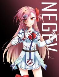 Rule 34 | 1girl, absurdres, asymmetrical hair, blood, blood in hair, blood on clothes, blood on face, blush, bow, bowtie, braid, breasts, character name, collared jacket, crazy eyes, crazy smile, finger to face, floating hair, gemini17, girls&#039; frontline, gloves, gradient background, grey shirt, hair between eyes, hair bow, hair ornament, hair ribbon, hairclip, half updo, hand up, hexagram, highres, jacket, leg ribbon, long hair, looking at viewer, medium breasts, military, military uniform, multicolored eyes, negev (girls&#039; frontline), one side up, open mouth, pink hair, pleated skirt, red bow, red eyes, ribbon, shirt, simple background, skirt, smile, solo, star of david, thighs, uniform