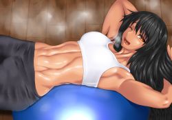 Rule 34 | 1girl, abs, armpits, ball, black hair, breasts, brown eyes, exercise ball, highres, long hair, looking at viewer, lying on another, medium breasts, midriff, muscular, muscular female, navel, one eye closed, original, smile, solo, tank top, threediamond, very long hair, white tank top