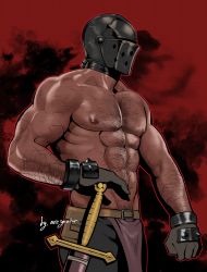 Rule 34 | 1boy, abs, areyouhun (sleeplazycat), arm hair, artist name, bara, black background, chest hair, clenched hand, crusader (darkest dungeon), darkest dungeon, gauntlets, helmet, highres, male focus, mask, muscular, muscular male, nipples, pectorals, red background, scar, shield, solo, sword, topless male, weapon