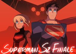 1boy 1girl 38sr black_bodysuit black_hair blonde_hair blue_eyes bodysuit brainiac cape clark_kent cousins dc_comics my_adventures_with_superman red_background robot supergirl superhero_costume superman superman_(series) superman_logo upper_body