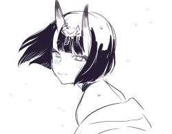 Rule 34 | bad id, bad pixiv id, blush, fate/grand order, fate (series), horns, looking at viewer, nito (siccarol), portrait, short hair, shuten douji (fate), skin-covered horns, smile, upper body