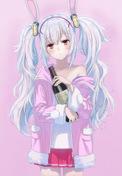 Rule 34 | 1girl, animal ears, azur lane, blush, bottle, collarbone, cowboy shot, expressionless, fake animal ears, hair between eyes, hairband, highres, holding, holding bottle, jacket, laffey (azur lane), long hair, long sleeves, looking at viewer, miniskirt, off shoulder, open clothes, open jacket, parted lips, pink background, pink jacket, pleated skirt, rabbit ears, red eyes, red hairband, red skirt, shirt, silver hair, simple background, skirt, solo, standing, thigh gap, tuchinokoeffect, twintails, very long hair, white shirt, wine bottle