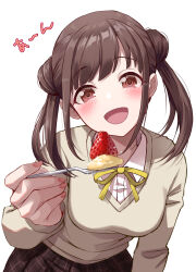 Rule 34 | 1girl, blush, breasts, brown hair, double bun, foreshortening, fork, hair bun, highres, holding, holding fork, idolmaster, idolmaster shiny colors, incoming food, leaning forward, looking at viewer, medium breasts, neck ribbon, plaid, plaid skirt, pleated skirt, red eyes, ribbon, school uniform, simple background, skirt, smile, solo, sonoda chiyoko, twintails, white background, yeogpu (seung832222)