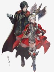 Rule 34 | 1boy, 1girl, armor, armored boots, black cape, black coat, black gloves, black hair, black pants, blonde hair, boots, cape, coat, edelgard von hresvelg, fire emblem, fire emblem: three houses, fire emblem warriors, fire emblem warriors: three hopes, full body, gloves, hair over one eye, hair up, halberd, hand up, highres, holding, holding polearm, holding weapon, hubert von vestra, looking at another, nintendo, pants, parted bangs, polearm, purple eyes, red cape, simple background, suikomu now, thigh boots, thighhighs, thighs, twitter username, weapon, white background, white gloves, yellow eyes, zettai ryouiki