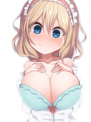 Rule 34 | 1girl, alice-type underwear, alice margatroid, blonde hair, blue bra, blue eyes, bow, bow bra, bra, breasts, capelet, cleavage, hairband, highres, kuresento, large breasts, lolita hairband, red hairband, short hair, simple background, solo, touhou, underwear, white background