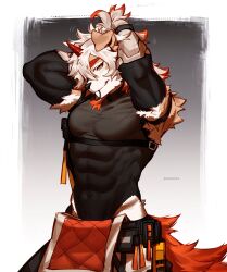 Rule 34 | 1boy, abs, absurdres, arknights, bara, blush, detached sleeves, furry, furry male, hair tie, hair tie in mouth, highres, horns, hung (arknights), looking at viewer, mmorroxzks, monochrome background, mouth hold, mythological creature, pectorals, seductive smile, shirt, single horn, skin tight, sleeveless, sleeveless shirt, smile, twitter username, tying hair, underbust