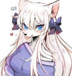 1girl :p animal_ears blue_bow blue_eyes blue_shirt blush bow colored_skin fox_ears furry furry_female hair_bow heart looking_at_viewer original shirt simple_background smile solo sui_(suizilla) tongue tongue_out upper_body white_background white_skin