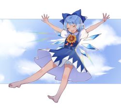 Rule 34 | 1girl, arms up, artist name, barefoot, bloomers, blue dress, blue hair, blush, cirno, cloud, dress, closed eyes, flower, full body, hair ribbon, hidden star in four seasons, ice, ice wings, open mouth, outstretched arms, perri (mnemosine), puffy sleeves, ribbon, short hair, short sleeves, sky, smile, solo, sunflower, tan, tanned cirno, touhou, tuii, underwear, wings